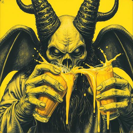 doom metal abum cover with yellow theme featuring closeup of the face baphomet as he violently chugs a large glass of yellow liquid, splashing his face and spilling it as he gargles it up, urine, urea, drink piss, wc-theme, toilet humor, death metal