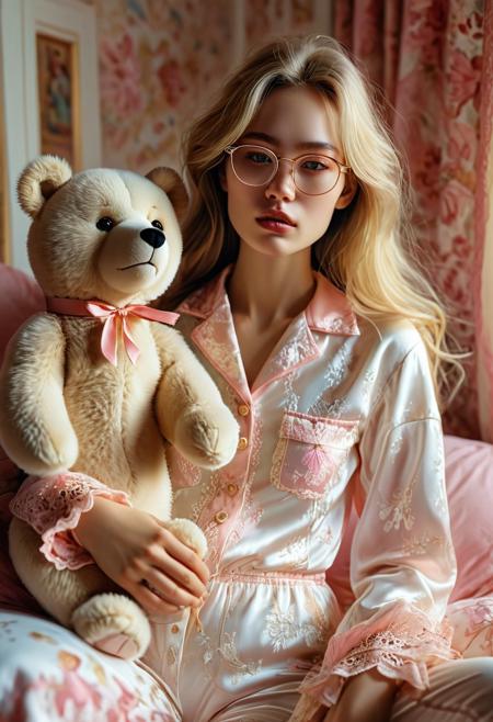 A photograph captures a slender blond woman with long hair and gold-framed glasses, donning a petite, delicate physique characterized by a narrow waist and slim legs. Clad in white and pink silky lace pyjamas, she sits atop a teddy bear. The background features an abstract warm color palette. With her eyes closed and her visage reflecting an intense, explosive emotional state, the woman's mouth is parted, preparing for a scream. The image exhibits motion blur due to her rapid, back-and-forth thrusting movements on the bear. As her speed increases, she leans forward, gripping the bear for support.