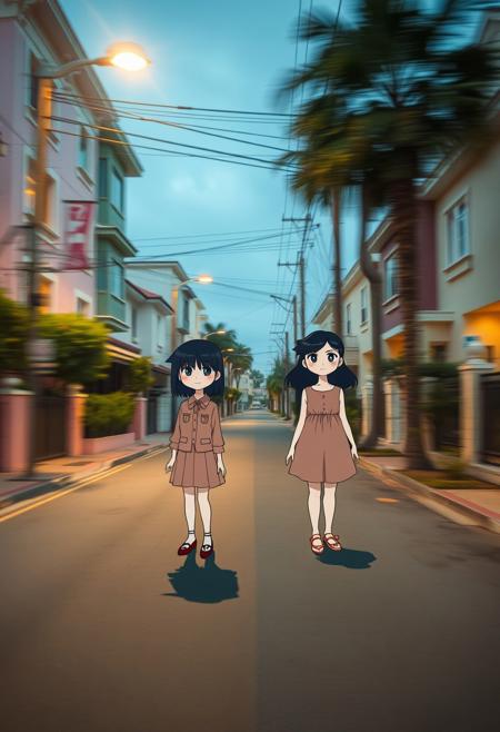 Long exposure photography, distinct split composition. Pastel suburban street with exaggerated manga characters creating humorous contrast. Simplified portraits, ethereal aesthetic, ghostly figures, solarized effect, Victorian-inspired illustrations. Bold graphic style, high-contrast lighting, haunting elegance, dreamlike quality, muted palette with redshift tones, captures motion blur.