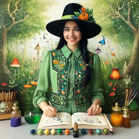 score_9, score_8_up, score_7_up, style of Johanna Basford, solo, 1girl, smiling, black hair, hour glass figure, makeup, wearing a layered green blouse, dress, jacket, hat, elegant, fantasy, vibrant colors, intricate details, fantasy, masterpiece, detailed