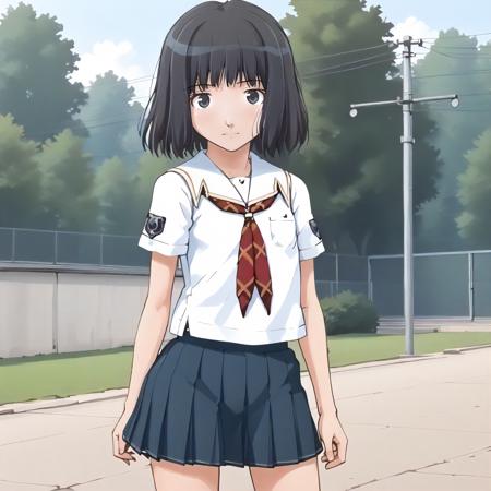 MitsukiShijo,1girl,black hair,medium hair,black eyes, school_uniform,white shirt,neckerchief,short_sleeves, pleated_skirt, gym shirt,white shirt,collared_shirt, red buruma, school_swimsuit,