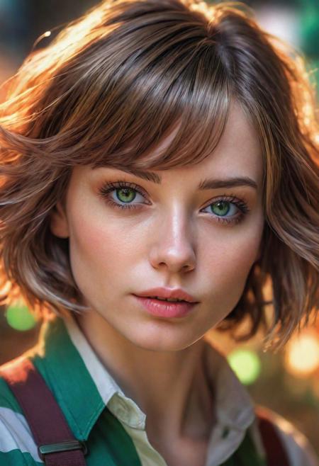 (best quality, masterpiece, beautiful and aesthetic:1.2, colorful, dynamic angle)((Full shot)), (highly detailed illustration), science fiction, extreme detailed, colorful,35mm, bokeh, 9:16, (intricate details, hyperdetailed:1.15), detailed, sunlight passing through hair (high contrast, official art, extreme detailed, highest detailed), <lora:Leeloo_5thElement_MillaJovovich_smf_lora_v2:0.9>, 1girl, l3e1o057h-smf, solo, realistic, shirt, blue eyes, looking at viewer, lips, short hair, parted lips, short hair, upper body, striped shirt, white shirt, suspenders, short sleeves, blurry, nose, bangs, indoors, blunt bangs, green eyes, blurry background, portrait <lora:add_detail:0.5>