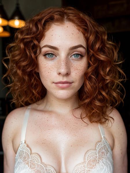 analog, 8k, RAW photo, highest quality, cute, (intricate perfect detailed eyes), 30 yo, thicc, close up, lace bra, (arms raised behind head), (looking at POV), intricate details, interior, (ginger hair), dark studio, halo of light, midday sunlight spilling over face, (lit eyes and face), face details, unbelievable intricate details, dark shadows, real lighting, bloom, freckles