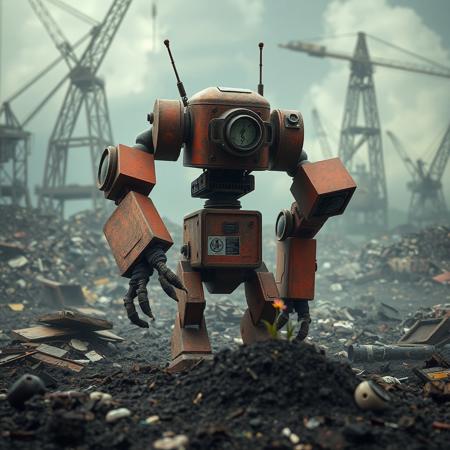 apocalyptic world, trash everywere, giant cranes, robot parts dump. black smog, dust, a big red robot, square arms with tentacles, rusty body, small legs, big rounded mechanical eyes broken antenna medical logo visible electrical parts,  watching a small flower growing up on a small mound of earth