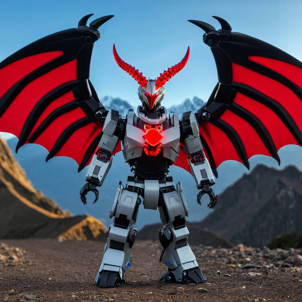 novuschroma53 style, codeandigital, c0dean0igital, cyberw0rlds, no humans, dragon made of plastic, mountain background, wings made of plastic, claws, solo, open mouth, tail, red eyes, sharp teeth, teeth, monster, robot, full body, non-humanoid robot, horns, mecha, flying, tongue, from side, creature, fangs, science fiction, glowing, spikes, red eyes, plastic scales, red gem, looking at viewer, armor made of plastic, Tokio background, Tokio, mountain