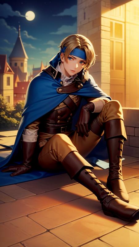 masterpiece, highres, ultra detailed, 1man, flik relaxing on a castle balcony, moonlight, brown hair, blonde bangs, headband, boots, cape, short brown gloves, blue eyes, looking at viewer, <lora:Flikv1:0.8>