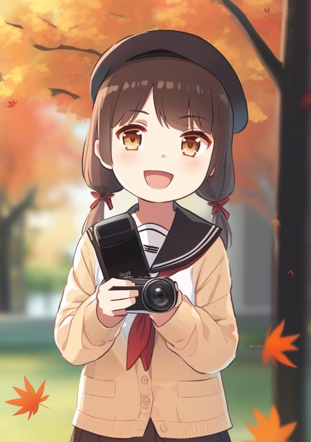 1girl, camera, solo, hat, skirt, school uniform, long hair, holding camera, serafuku, brown eyes, smile, animal on shoulder, open mouth, leaf, twintails, bag, pleated skirt, looking at viewer, holding, squirrel, blush, blurry, autumn, brown hair, bangs, autumn leaves, black skirt, long sleeves, animal, :d, white headwear, cardigan, sailor collar, beret, blurry background, off shoulder, shirt, ribbon, hair ribbon, outdoors, open clothes<lora:xinzoruo-05:1>