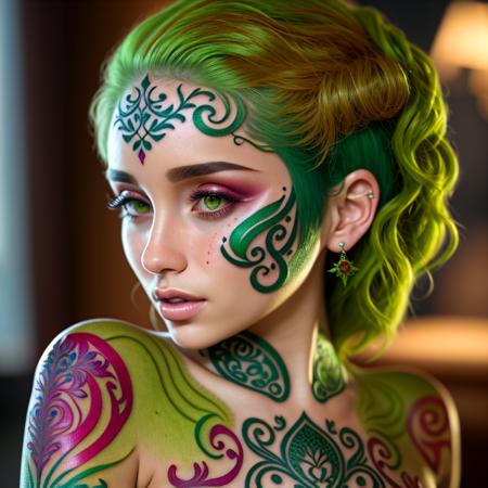 woods, (hyperrealism:1.4), (ray tracing:1.2), (masterpiece:1.2) BREAK adult ((female|plant):1.4), vibrant red pixiecut hair, (green skin:1.8), gothic makeup, (filigree tattoos:1.6), torn, ripped clothing, realistic, semi realistic, black liquid on body, golden eyes, squatting, dark street background BREAK (8K UHD:1.2), (photorealistic:1.2), render, realism, accurate, cinematic, photography, intricate detail, characters, details, crystal clear, render, photorealistic, nature, art, realism, accurate, cinematic, photography, realistic, intricate detail, style art, landscape, characters, details, crystal clear, perfect face, ultra sharp, masterpiece, highly detailed, highly accurate, awe-inspiring, award-winning, sharp focus, intricate, dramatic lighting, 8k, UHD, HDR, Photorealism, HD Quality, 8k resolution, Unreal Engine, Realistic, Refined, Cinematic Lighting, octane render, post production, 3D, cinema4D, (vibrant colors:1.2)