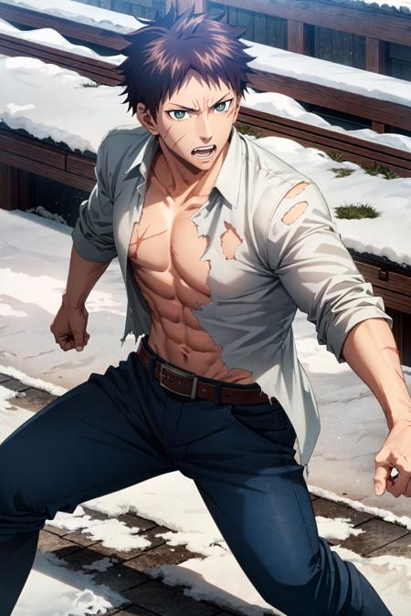 kunato hyouma\(mononogatari\), solo, looking at viewer, green eyes, brown hair, 1boy, white shirt, male focus, (torn shirt:1.2), (clenched hand), open clothes, belt, pants, open shirt, scar, abs, injury, scar on chest, shrine, snow, remaining snow, clenched teeth, fighting stance, fighting pose