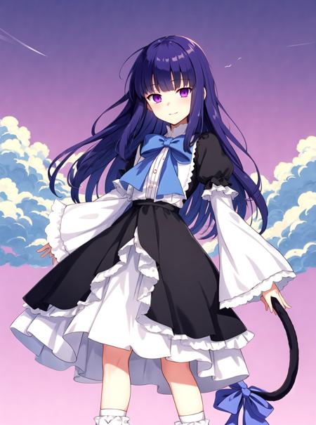 masterpiece, best quality, outdoors, background cumulus clouds, cloud background, frederica bernkastel, 1girl, tail, purple eyes, dress, long hair, cat tail, blue hair, bow, socks, ribbon, kneehighs, frills,   <lora:Frederica Bernkastel anyloraCheckpoint8ep26ryes40-000006:0.7>