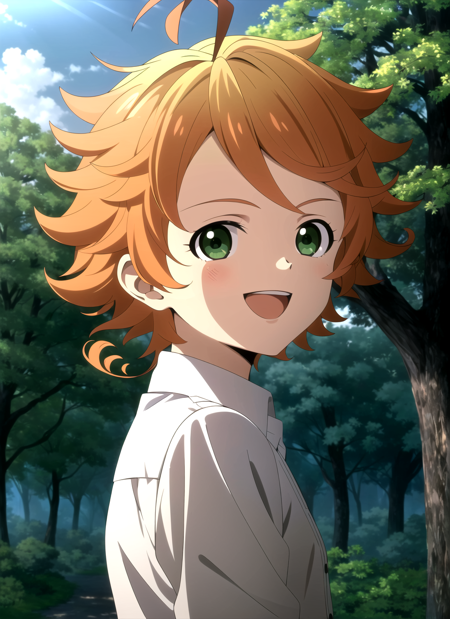 promisedNeverland <lora:promisedNeverland_offset:1>, masterpiece, best quality, 1girl, shirt, green eyes, solo, forest, white shirt, number tattoo, nature, short hair, looking at viewer, orange hair, tree, smile, ahoge, upper body, open mouth, outdoors, collared shirt