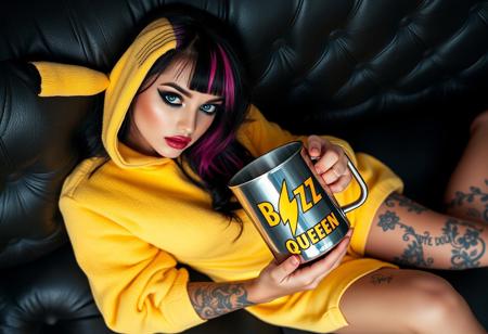 “A high-definition photo of a beautiful 20-year-old goth girl lying on a black leather couch in a relaxed, seductive pose. She is barefoot and wears a Pikachu onesie, holding a large steel coffee mug with a yellow lightning bolt logo and the words ‘Buzz Queen’ in bold letters. She has black hair with pink and purple highlights, framing her face, with striking blue eyes highlighted by black eyeshadow and black-and-metallic purple lipstick. Her tattoos are vivid and intricate, adding to her unique look. 8k detail, full body.”