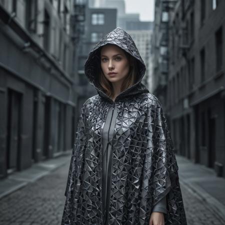 ((multiple views)), exquisite high fashion photography, showcasing a tech-noir, scifi fashion concept, segmented 'smart'-tech cloak, in various weather conditions ((multiple views)), demonstrating its automatic self-adjusting retractable capability. The cloak adapts to the environment, resizing itself without any loss of comfort or extra fabric: on a hot sunny summer's day, it appears shorter in length, while on a cold winter morning, it extends to provide warmth, and in the rain, a retractable hood. The material, composed of a hypothetical hyper-carbon lattice, features a highly reflective, graphite color and hydrophobic properties, making it feel almost slippery to the touch. The photographs highlight the cloak's versatility, showcasing its ability to automatically reorganize its structure to the wearer's needs, manipulating principles of topological quantum field theory, to compress its structural properties in accordance with whatever weather conditions are in effect.