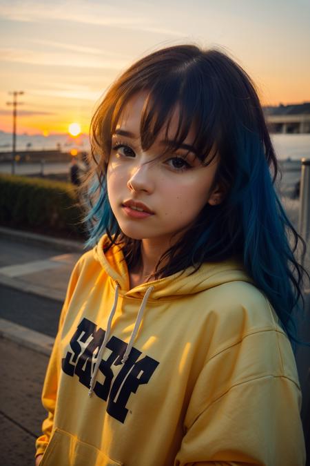 <lora:more_details:0.3>, solo, very detailed, detailed face, picture of beautiful girl, pokidiffusion, picture of a beautiful girl with long messy (blue hair) wearing yellow hoodie with text on it, laughting, outside in a common place, sunset, orange sky, detailed shadowing and lighting