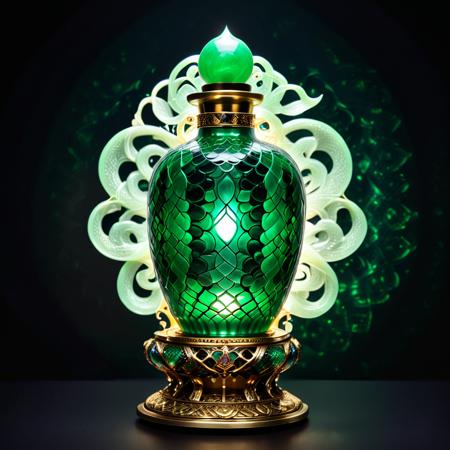 Sn4ke in a emerald bottle on a beautiful intricate stand. Emitting light. Glowing, mystical aura, polished glass, magical reflections, intricate stand, swirling mist, enchanted object, spiritual energy, mysterious shine. Black background.