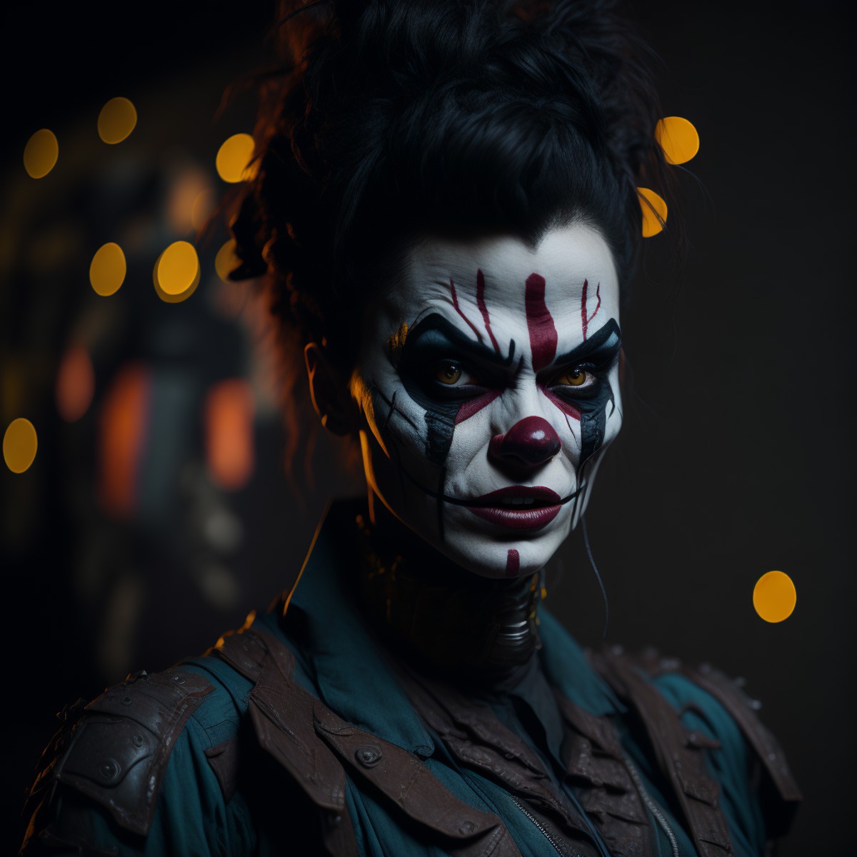 close up of a scary brazilian female cyberpunk clown on a Circus background bycircus background, a character portrait, tre...
