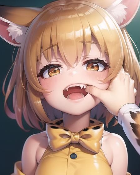 <lora:[AOM2] Fang Inspection Day:1>, serval \(kemono friends\), looking at viewer, pov, pov hands, open mouth, finger in another's mouth,fangs