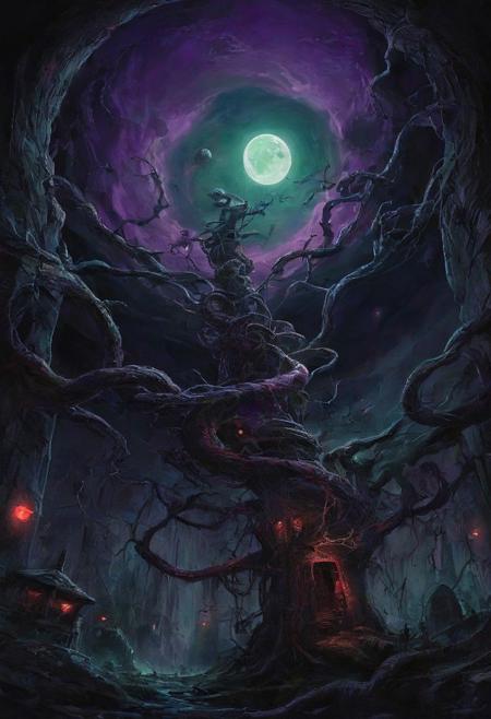 In the dimly lit chamber of cyclopean proportions, grotesque shadows danced upon the eldritch tapestries that adorned the walls, weaving a nightmarish symphony of indescribable horror. Sickly hues of otherworldly green and violet emanated from the blasphemous sigils etched into the ancient, crumbling stones, casting an eerie pallor upon the twisted forms that writhed in the abyssal darkness. The air hung heavy with an oppressive malevolence, as grotesque, tentacled monstrosities coiled around the pillars of the accursed altar, their gelatinous appendages reaching towards a forbidden cosmic portal. The tortured visages of half-formed abominations, suspended in a miasma of unfathomable dread, stared out from the mural, their eyes void of sanity in the presence of cosmic secrets too profound for mortal comprehension. A blood-red moon, swollen and malevolent, loomed in the alien sky, casting its baleful gaze upon a landscape where the boundaries between nightmare and reality dissolved into an indistinct, nightmarish tableau.