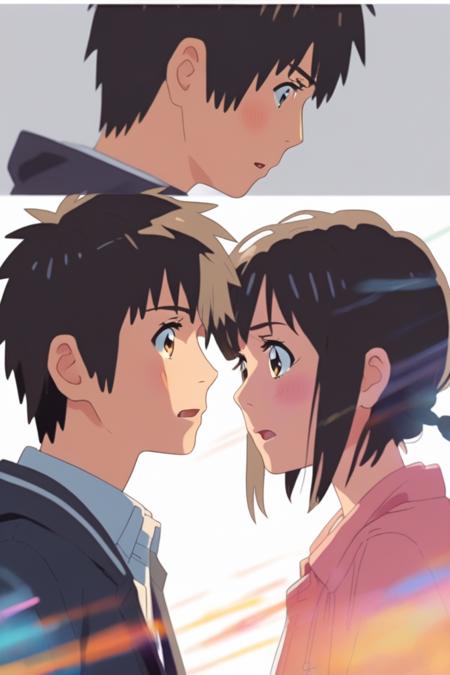 your name, Portrait of a girl and a boy looking at each other with intense emotions