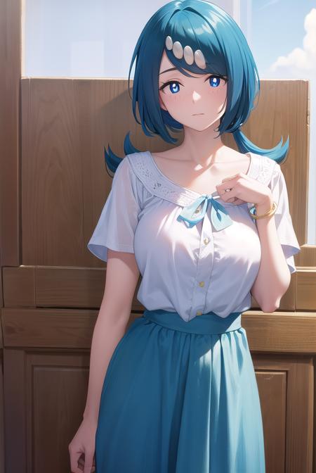 pokemonmotherlana, <lora:pokemonmotherlana-lora-nochekaiser:1>,
pokemonmotherlana, blue eyes, blue hair, freckles, hair ornament, long hair, swept bangs, (bright pupils:1.5),
BREAK blouse, blue skirt, bracelet, collarbone, dress, jewelry, long skirt, shirt, short sleeves, skirt, white shirt,
BREAK looking at viewer, full body, (cowboy shot:1.5),
BREAK indoors,
BREAK <lyco:GoodHands-beta2:1>, (masterpiece:1.2), best quality, high resolution, unity 8k wallpaper, (illustration:0.8), (beautiful detailed eyes:1.6), extremely detailed face, perfect lighting, extremely detailed CG, (perfect hands, perfect anatomy),