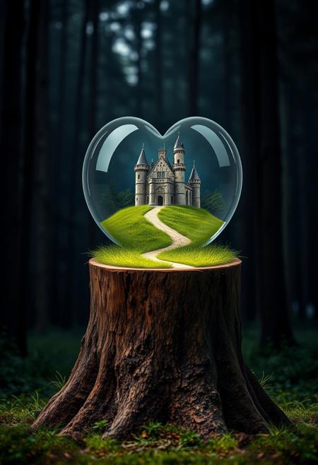 In the dark old forest, on a large sawn tree stump, stood a heart-shaped crystal ball. Inside the crystal ball was an old castle, surrounded by green grass, and a winding path in the grass led directly from the stump to the castle. Background blurring, stage lighting, illusory light spots.