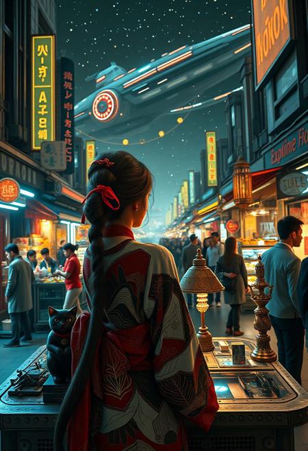 Setting is a futuristic cyberpunk street market at night, the market is comprised of street vendors selling robot parts, food, weapons, and robot pets. People wearing futuristic cyberpunk clothing are walking through the street market shopping and eating, A sleek black cat with red collar sits on a cluttered metal riveted desk with transparent top and micro-LED lighted computer components visible inside, On the desk is an ebony and gold maneki neko statue and a classic ornate art deco lamp, (((a beautiful woman, 24 years old, is standing in the foreground facing the viewer))), the sleek black cat with red collar is sitting on the desk and watching the people walking by in the busy street market, the woman is dressed in futuristic cyberpunk Japanese style kimono-style clothing that are sexy and Japanese classic aesthetic. An enormous art deco inspired starship with futuristic lighting and an enormous space station are visible in the background among the stars, The woman's hair is elegantly tied up with a ribbon. Artistic cyberpunk, dynamic perspective, (((overall architectural aesthetic is Art Deco Cyberpunk))).  Epic image that elicits a feeling of wonder and awe, part of the interior is visible,