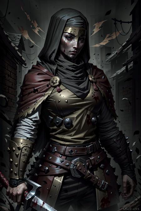 <lora:DarkestDungeon_LeperV1.0-000014:.75>  LeperDD2 sword, blood, scars AND woman, assassin