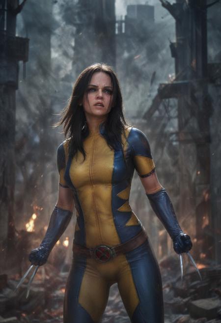 High resolution ultra-realistic of Beautiful Laura Kinney/X-23, cinematic lighting, MCU style, ultra realistic, 8K, fighting stance, X-Men style, standing among the ruins of buildings, Greg Rutkowski, Intricately Designed bloody dirty face, wavy black hair, Realistic beautiful brown eyes, gazing straight ahead, Atrractive 21 years old Dafne Keen as X-23 woman, realistic modern combat X-Men costume, dirty, bloody, beautiful firm Breasts, defiant and seductive, X-Men style, Marvel style, MCU sci-fi style, Superheroine, Standing in the middle of a dark dirty street on the City, sharp focus, digital painting, Photograph Taken on Nikon D750, Alphonse Mucha, 8K, athletic figure, Hyperdetailed, hyperrealism, aesthetics reminiscent of X-Men, Attractive, Attractive bust girl, asymmetric balance