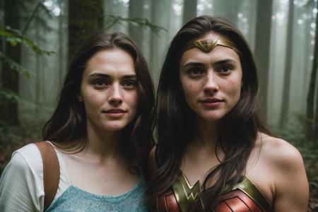 hyper realistic photograph, film grain, Kodak portra 800, f1.8, close up of two beautiful 18yo wonder women,  walking through a dense forest, haze,  fog, dim diffuse light, detailed faces, beautiful faces, beautiful eyes, piercing eyes, gaunt, tired, dehydrated, crazy smile, unhinged, psychopathic