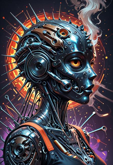 masterpiece, best quality, absurdres, very aesthetic,, asymmetric, angled side view, abstract image of tools, feminine, swirls of steam, metallic, sinister intent, bizarre, cybernetic, spines made of tools, octane render, sinister colors, volumetric light,