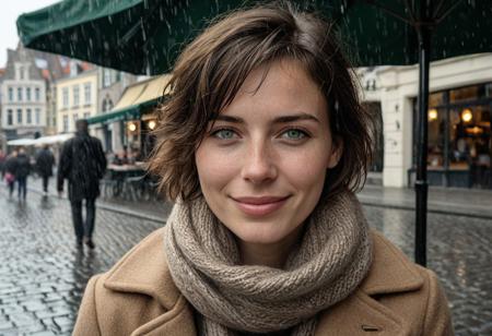 A moody, hyper-realistic portrait of Olivia, a 35-year-old woman with a slender, V-shaped face and subtle laugh lines. She’s seated under a canopy at a café in the Main Squarew in  Brugge,Belgium,  drizzling rain reflected in the cobblestones. Soft, cool natural light bounces off the wet street. Olivia wears a beige wool coat and a brown cashmere scarf. Her short, tousled hair is damp at the edges. Her skin has realistic pores and faint freckles. The scene has a quiet, introspective tone. Bright green eyes with a gentle, calm expression. .