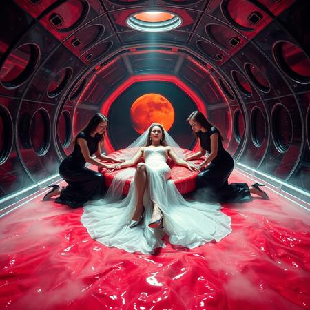 high-society elegant slender norvegian  rich   innocent young bride wearing   glossy silver high heels and glossy transparent slime  high slit wedding gown with matching long veil,  laying in   whorish lush  glossy red foil breeding  bed in center of alien breeding space capsule, legs spreade wide apart by  by arrogant ladies wearing glamour glossy black evening gowns and glossy high heels, kneeling over her and holding her legs and arms, eerie fog that wafts up from the fleshy jelly floor, encased in light beam from the chamber celling, awaiting her alien master, strugging to break free and escape, transparent crystal walls,  colossus observation portholes to outer space full of stars, bright red moon, vintage-inspired makeup, long hairs, ultra thin waist, evil grin, porcelain skin, lipstick, red nails, in the style of a haunting, retro-futuristic 1950s sci-fi nightmare, horror, alien space base,
