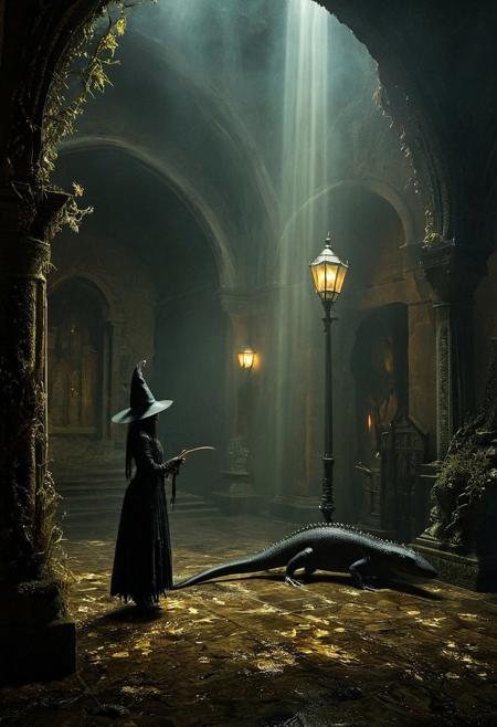 macabre style Morning, Dry Weather, A cultural heritage museum, An ethereal Atmosphere feel to the place. 
Abyssal salamander. It is a witch. 
dark, gothic, grim, haunting, 
beautiful, painterly, textural, artistic, aesthetic, 
intricate details, highly detailed, ultra-detailed, absurdres, vivid, vibrant, volumetric lighting, 
aid291, midjourneyv6.1,
