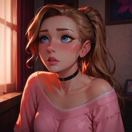 (score_9, score_8_up, score_7_up), detailed background, night, inside, apartment, volumetric lighting, vivid colours, g0thicPXL
BREAK 1girl, 18 years old, kawaii, cute face, long blonde ponytail, beautiful eyes, adorable, curvy, blue eyes, half closed eyes, heavy blush, nervous, looking up, nervous, covered perky breasts, wearing pink oversized jumper, choker, thigh-high socks, skirt