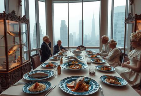 A surreal dining scene in a modern cityscape with large windows overlooking misty skyscrapers in a vintage style. Ornate glass cases hold oversized exotic fish, displayed like museum specimens, placed alongside blue ceramic plates of seafood arranged in an artistic manner. The setting features elegantly dressed people with powdered wigs and 18th-century attire, seated or standing around the table, admiring the display. The lighting is soft and diffused, emphasizing the pale tones of the decor and the ethereal atmosphere of the room. The overall mood blends vintage opulence with a modern surrealist twist