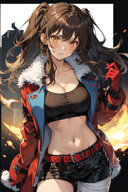 AmyAnotherEden, 1girl, solo, long hair, large breasts, brown hair, side ponytail, hair ornament, red gloves, navel, cleavage, collarbone, jacket, yellow eyes, open clothes, black shorts, midriff, belt, fur trim, short shorts, one side up, bandaged leg, 
