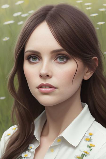 Picture, best quality, a woman in a meadow, flowers, grass, butterflies, portrait photo of beautiful woman Koh_FelicityJones, wearing summer dress, looking at viewer, perfect face, perfect eyes, sharp focus, trending on ArtStation, trending on CGSociety, Intricate, High Detail, dramatic, photorealistic painting art by midjourney and greg rutkowski