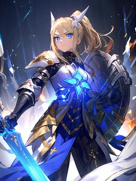 masterpiece,best quality,highres,cinematic lighting,dramatic angle,1girl,<lora:ShadowverseHolySaberV16-000029:0.8:lbw=jiangshi3>,alternative2, hair ornament,ponytail,ribbon,glowing,serious,shaded face,black armor,white and blue dress,holding blue sword,looking at viewer,dynamic angle,flames,depth of field,blue eyes,cowboy shot,holding shield,<lora:flat2:-0.25> ,from below,close-up,floating object