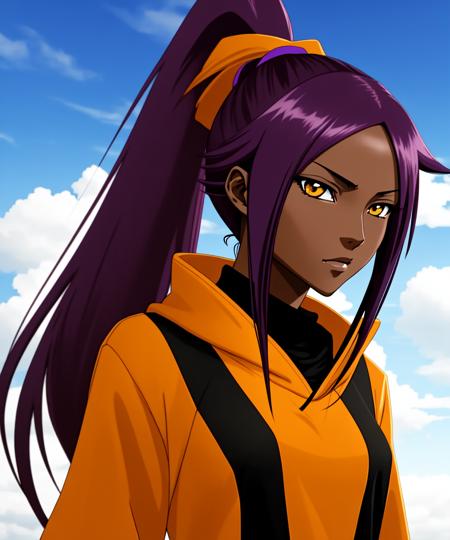 (yoruichi:1.1), , long hair, yellow eyes, ponytail, purple hair, wearing (sweatshirt:1.2), sky, day, cloud, dark skin, dark-skinned female, blue sky,
  <lyco:yoruichiDogu:0.96>