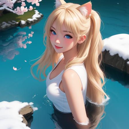 looking at you, cute, cat ears, blonde, black eyes, portrait, girl, photorealistic, real, best quality, 8k, teenager, portrait,  asian, teenage, beautiful, blonde, cute, white color skin, extremely beautiful, looking in front, black hair, smiling, cute, smiling, best render, best face <lora:girls_s4:0.8>, cloud, cherry blossom, day, fantasy, fish, lake, landscape, high snowy mountain, no_humans, ocean, outdoors, river, scenery, sky, splashing, water, watercraft, waterfall, waves, ultra realistic, photorealistic, sea, ocean, (reflection), (ray tracking), (unreal engine), (Japanese), top view, high elevation, (water reflection), (clear water), photorealistic, 8k, unreal engine, super great 3d render, 3d, 3d ray tracking, liquid, super high quality, (super close look at water)