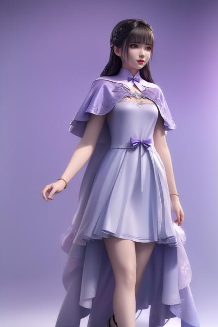 1girl,solo,black hair,light purple dress,capelet,