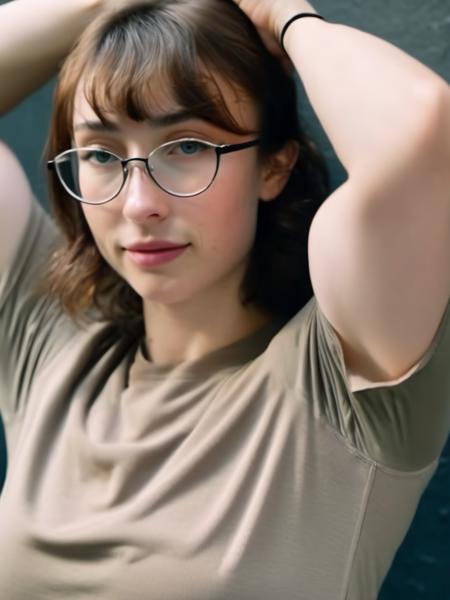 <lora:XLeanBeefPatty-alpha:1> (l34nb33fp4tty), RAW photo, high quality, portrait, 25 year old woman, pretty, brown hair, detailed face, skin pores, wearing glasses, natural eye color with low color saturation
wearing a t-shirt, (flexing her arm, bicep:1.4)
cinematic shot, 8k uhd, dslr, soft lighting, high quality, film grain, Fujifilm XT3, hyper realistic, detailed skin, rich colors, hyper realistic, lifelike texture, dramatic lighting, cinestill 800, hyperrealism, photorealistic, 8K UHD