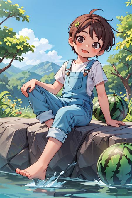 masterpiece,best quality,(more Cut Watermelon:1.2), overalls, white shirt, (1boy:1.2), sitting on rock, barefoot,leaning back, two Feet in the water,head tilt, happy, (looking at viewer:1.2), sky,forest, river, very short hair, brown hair,,<lyco:GoodHands-beta2:1.0> <lora:more_details:0.3>,