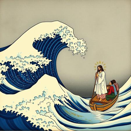 Art of the famous piece by Katsushika Hokusai “Under the Wave off Kanagawa”, the wave is on the and on the right Jesus is walking on water while his disciples watch from a boat.