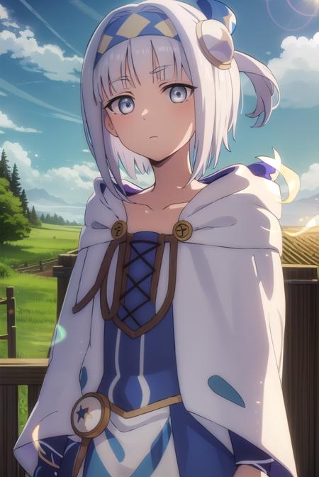 synelokk, <lora:syne lokk s3-lora-nochekaiser:1>,
syne lokk, short hair, bangs, hair ornament, white hair, hairband, side ponytail, (grey eyes:1.3),
BREAK collarbone, hood, cloak,
BREAK outdoors, forest, nature, sky, sun, clouds, trees, grass,
BREAK looking at viewer, (cowboy shot:1.5),
BREAK <lyco:GoodHands-beta2:1>, (masterpiece:1.2), best quality, high resolution, unity 8k wallpaper, (illustration:0.8), (beautiful detailed eyes:1.6), extremely detailed face, perfect lighting, extremely detailed CG, (perfect hands, perfect anatomy),