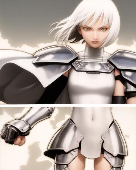 <lora:Claymore-r8:1>
(upper body)
(solo)
(1girl)(facing viewer)(on battlefield)
(short white hair)
((white leotard)(black armored skirt)(white cape)(silver (pauldrons+gauntlets+greaves)))