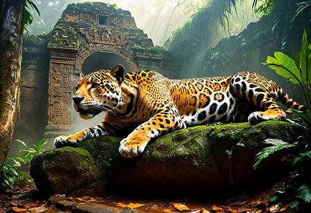 Majestic jaguar lying in an ancient Aztec temple (stone, cracked, broken, pieces missing, weathered, abandoned) :: jungle, overgrown vegetation, damp mist :: by Boris Vallejo, Frank Frazetta, Ken Kelly, Rafael DeSoto :: hyperrealistic, hyper detailed, photorealistic :: masterpiece, incredible composition, amazing depth, imposing, meticulously composed, high definition, midjourneyv6.1