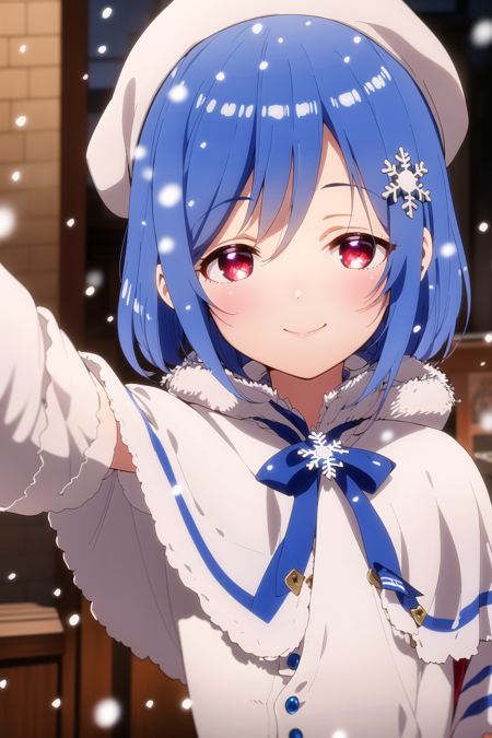 masterpiece, best quality, 4K, 1girl, virtual youtuber, hair ornament, solo, smile, Red eyes, looking at viewer, blush, x hair ornament, Blue hair, fur trim, short hair, hair between eyes, fur-trimmed capelet, hairclip, closed mouth, capelet, bangs, hat, upper body, shiny hair, blurry, shiny, ribbon, outstretched arms, blue capelet, blue ribbon, winter clothes, blurry background, portrait, snow, snowing, antenna hair, reaching towards viewer, depth of field, pov, blue headwear, neck ribbon, close-up, beret, winter, coat, snowflakes, half-closed eyes, snowflake print, white coat