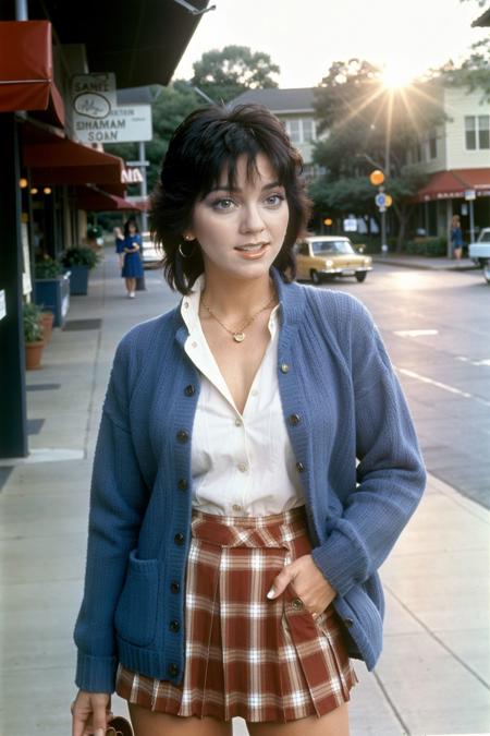 <lora:JoyceDewitt_SD15_v1.0:1> JoyceDewitt, close-up photo of a wholesome american woman from the 1970s show "Three's Company" standing in a typical 1970s Preppy Plaid Skirt, fitted blouse and cardigan ensemble, hyperrealistic, city shopping, sunrise, beautiful blue sky wearing lots of jewelry