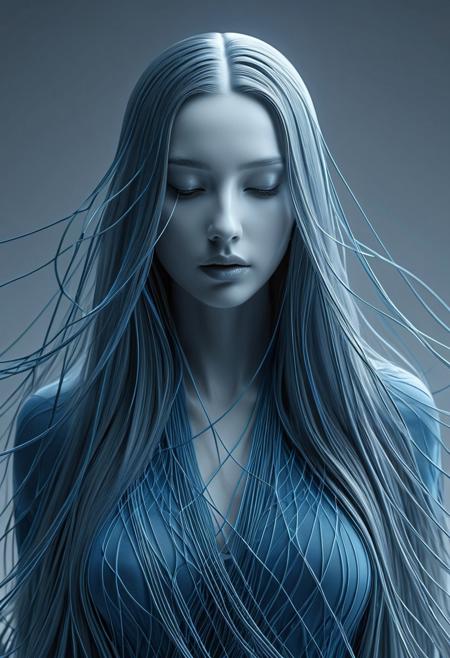 3D art, monochromatic blue, delicate network lines, emotional portrait, surreal digital realism, soft lighting, long flowing hair, minimalist composition, ethereal mood, elegant features, refined textures, interconnected forms, expressive solitude, futuristic melancholy, subdued palette, dreamlike atmosphere, conceptual illustration, feminine figure, stylized composition, artistic entanglement
